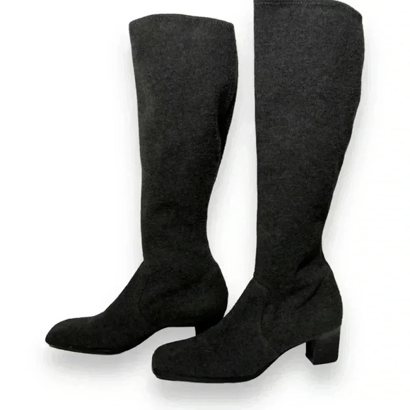 Vintage 80s Yves Saint Laurent gray wool felt square toe knee  high boots 6 - Picture 4 of 11